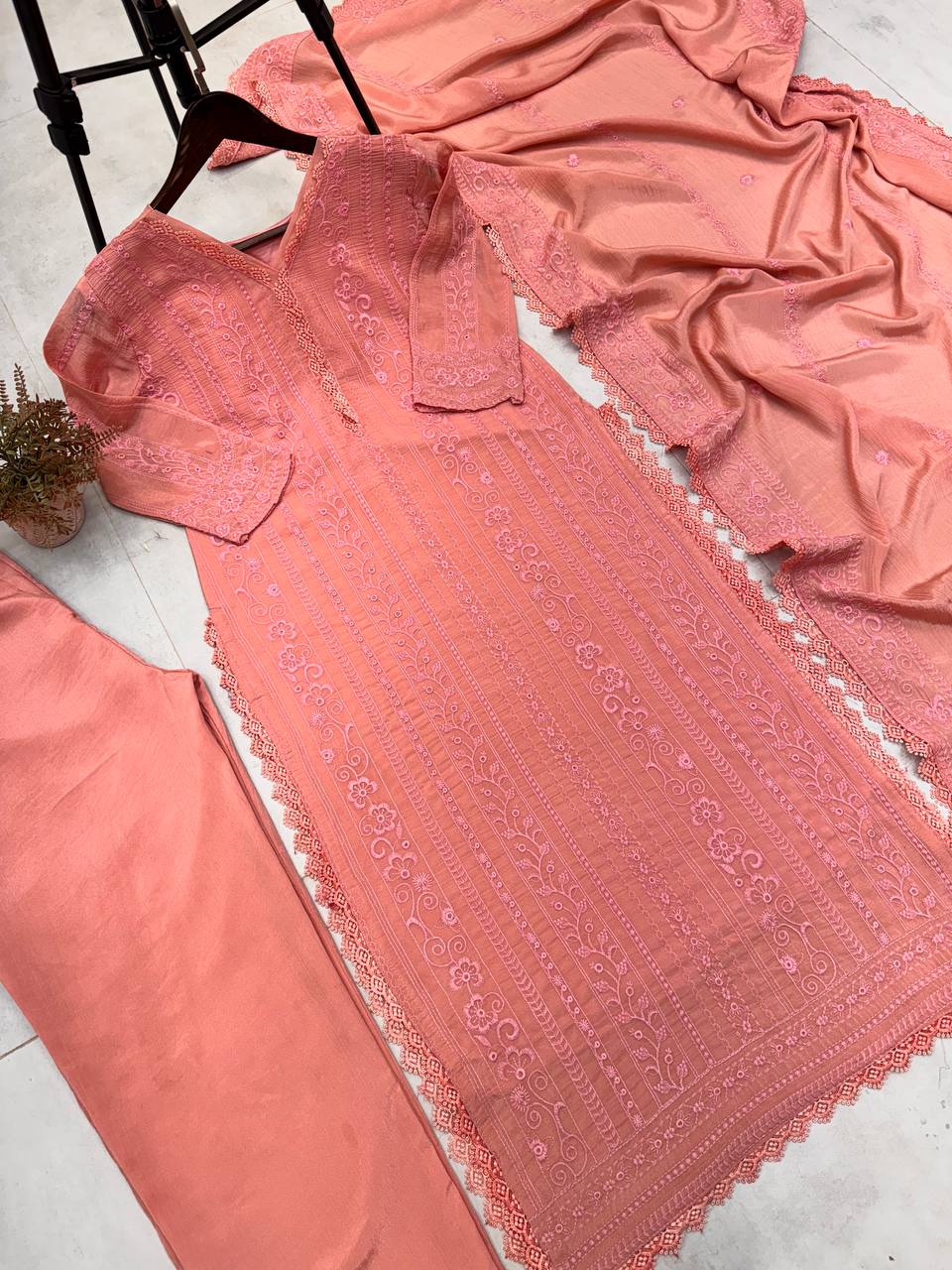 "Elegant Chinon Embroidered Top & Plazo Set with Silk Inner and GPO Lace Dupatta"