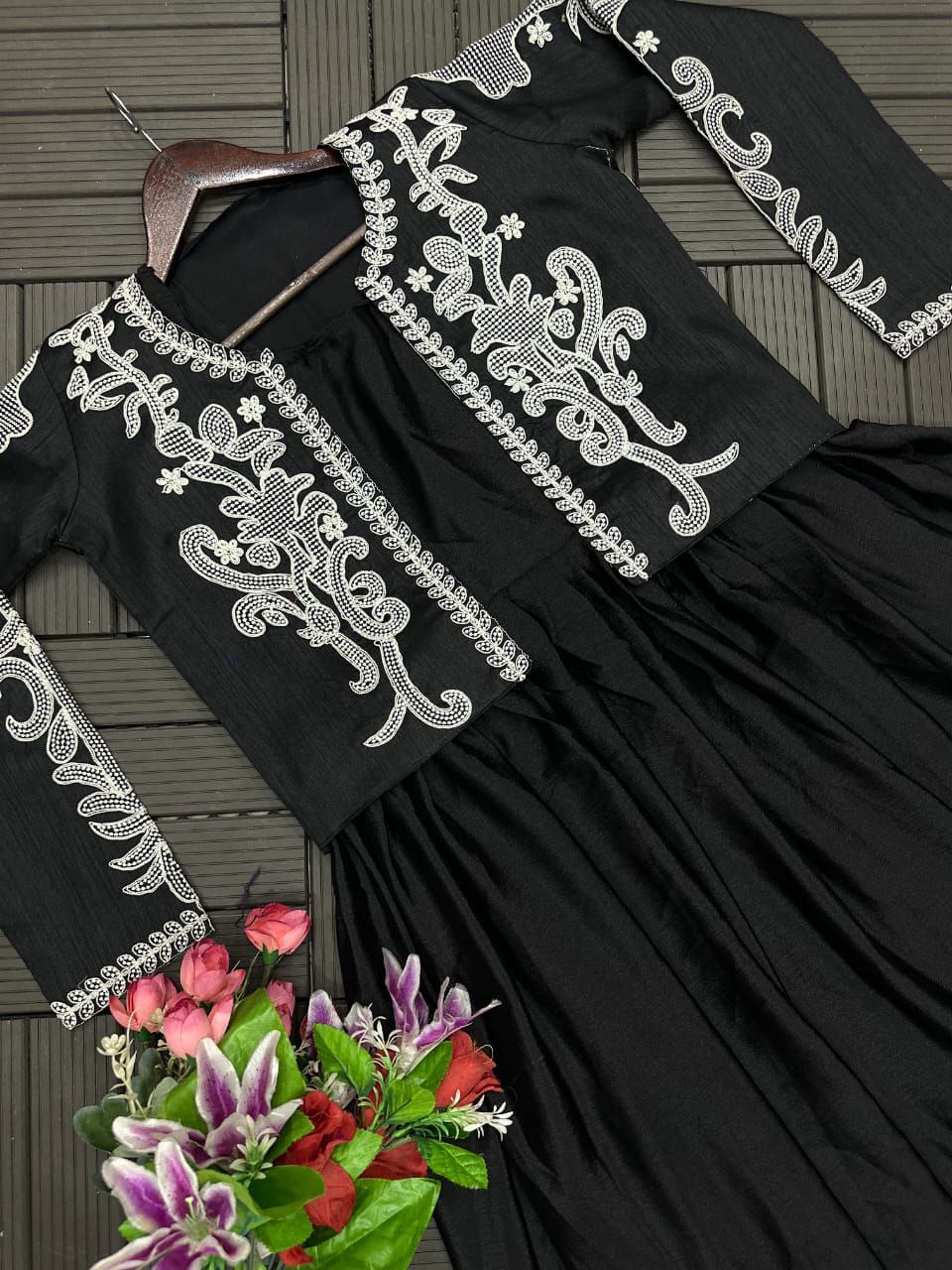 "Elegant Embroidered Chinon Gown with Banglori Jacket - Fully Stitched"