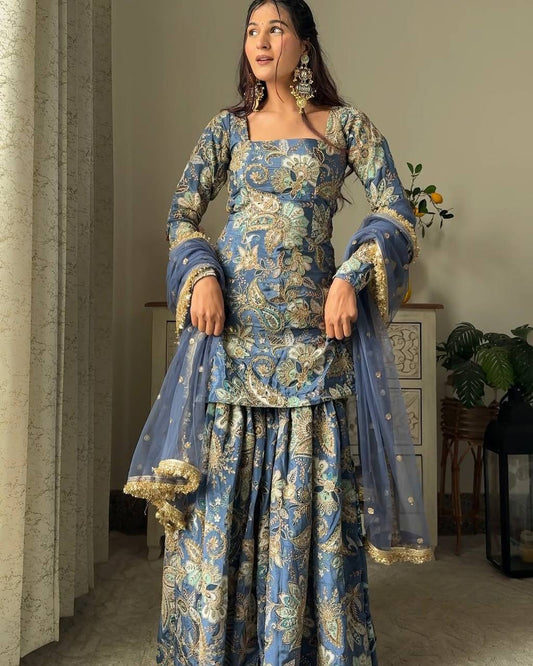 “Chinon Sequence Embroidered Suit Set with Sharara & Net Dupatta – Festive Elegance”