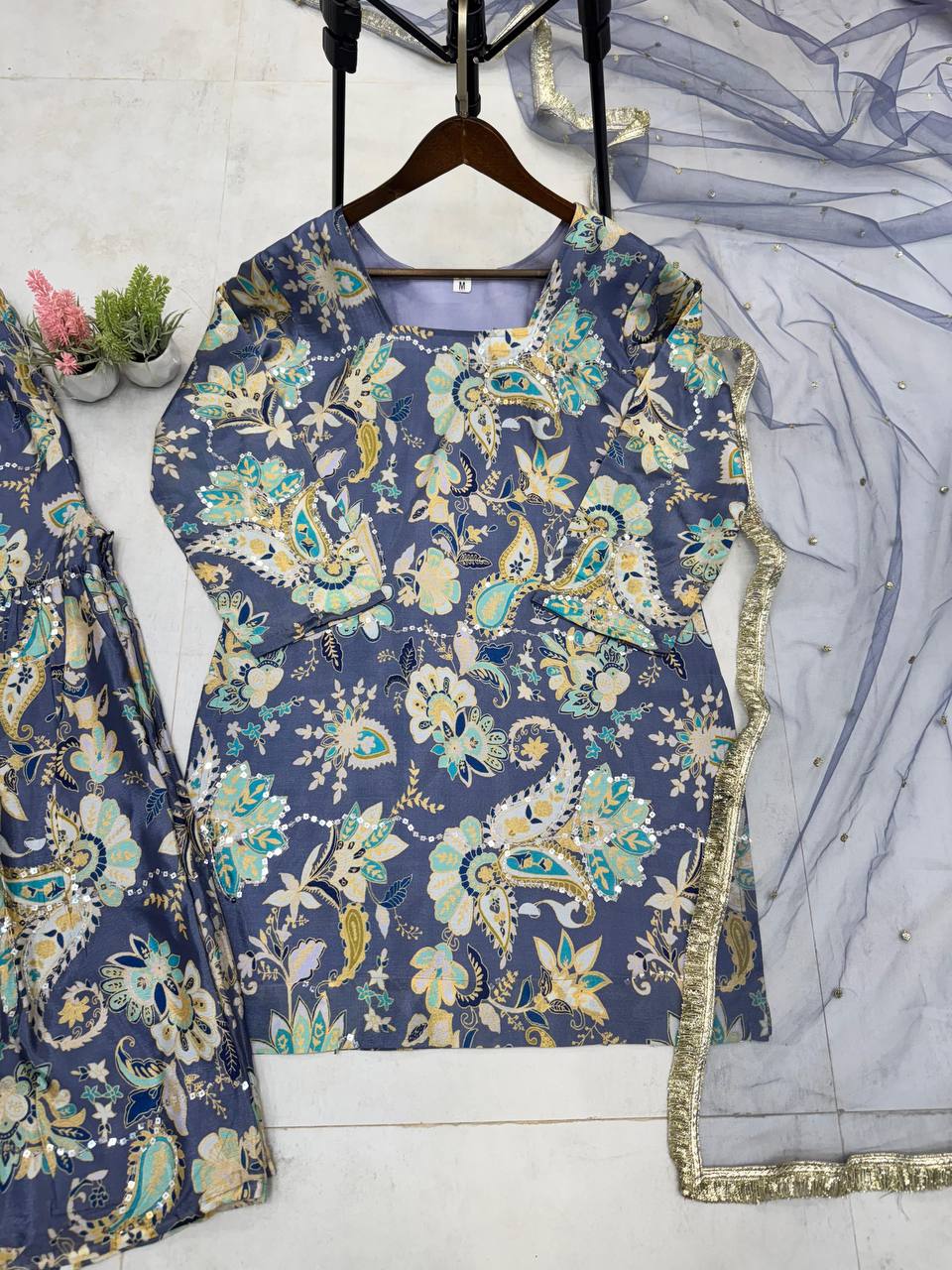 “Chinon Sequence Embroidered Suit Set with Sharara & Net Dupatta – Festive Elegance”