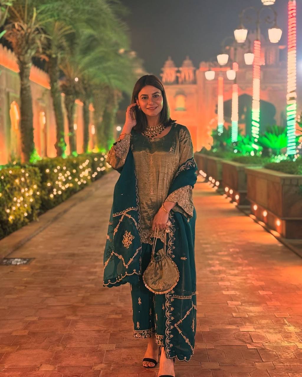 "Elegant Fendi Silk Ensemble with Sequin Embroidery - Top, Pant & Dupatta Set"