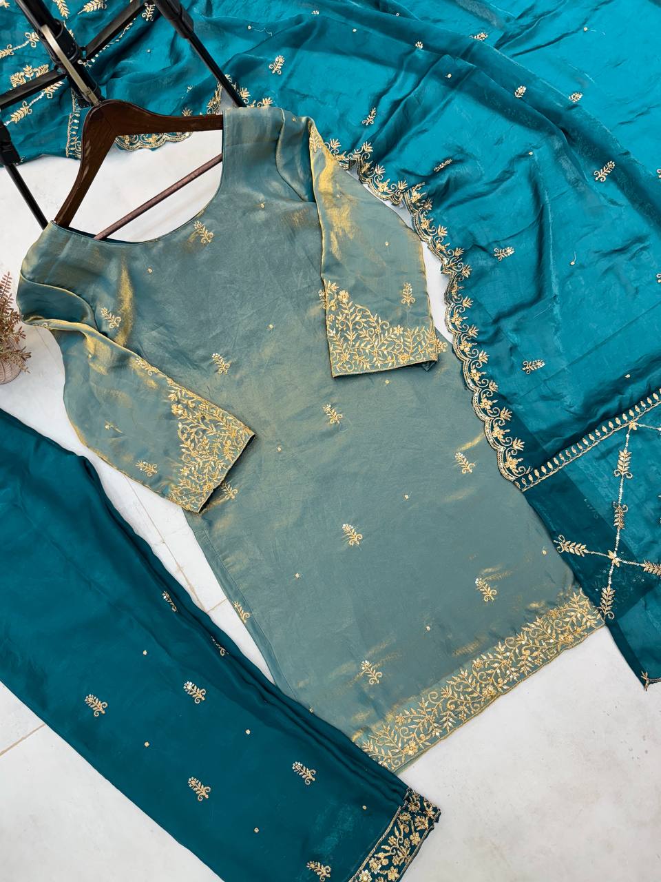 "Elegant Fendi Silk Ensemble with Sequin Embroidery - Top, Pant & Dupatta Set"