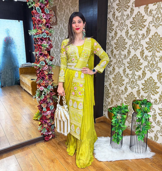 "Exquisite Embroidered Chinon Lehenga Set with Dupatta, Blouse & Embroidery Belt – Fully Stitched"