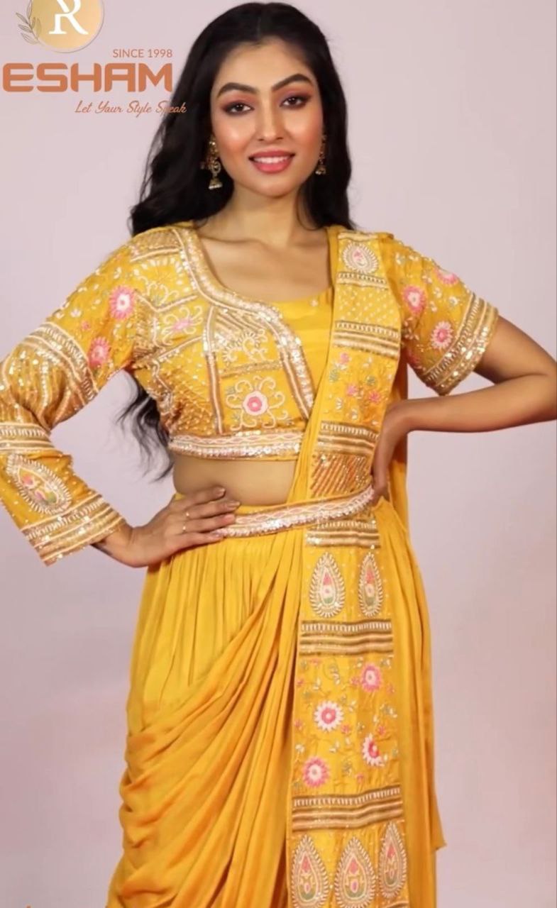 "Exquisite Embroidered Chinon Lehenga Set with Dupatta, Blouse & Embroidery Belt – Fully Stitched"