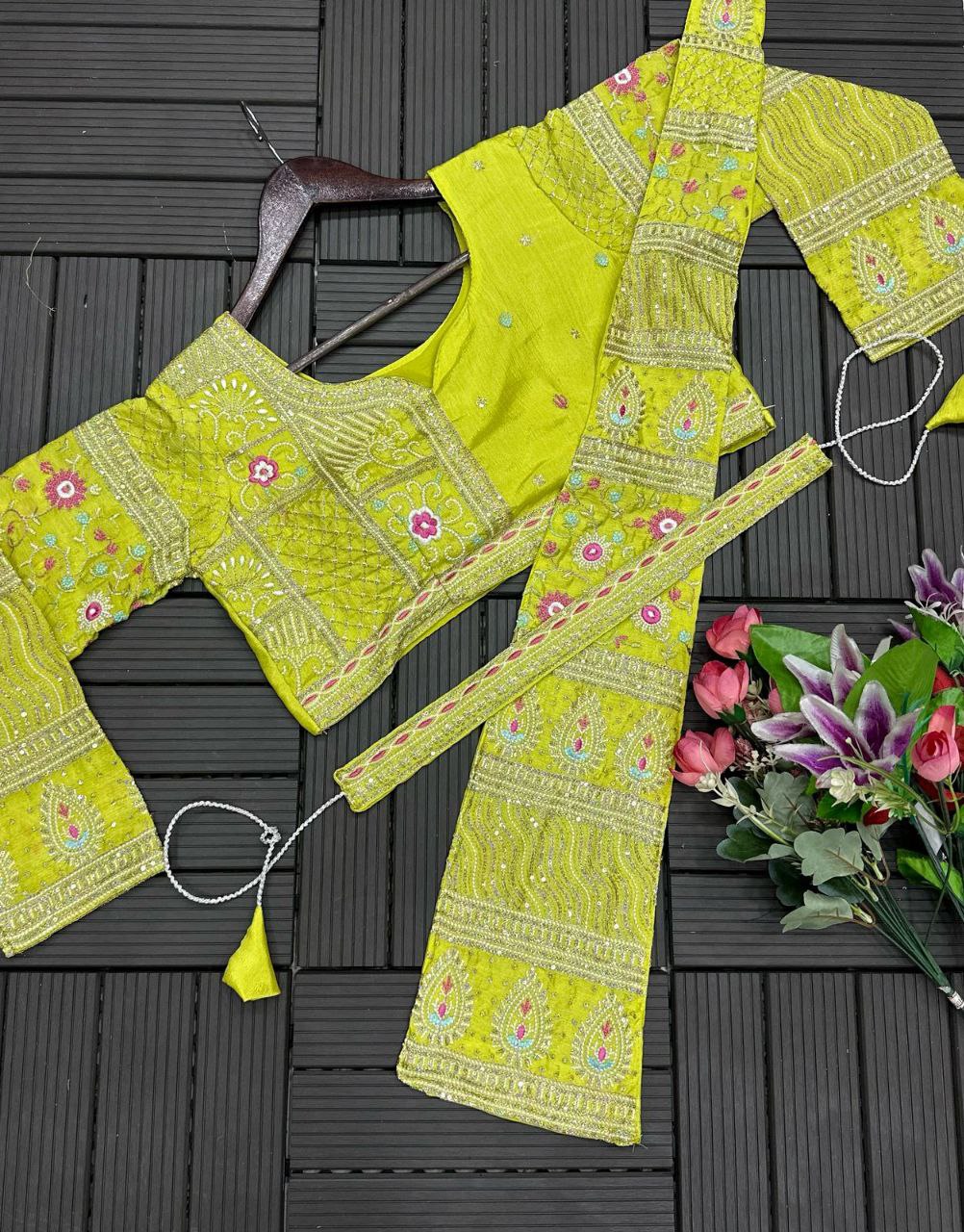 "Exquisite Embroidered Chinon Lehenga Set with Dupatta, Blouse & Embroidery Belt – Fully Stitched"