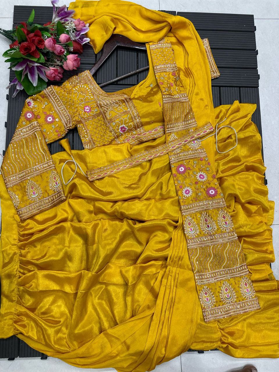 "Exquisite Embroidered Chinon Lehenga Set with Dupatta, Blouse & Embroidery Belt – Fully Stitched"