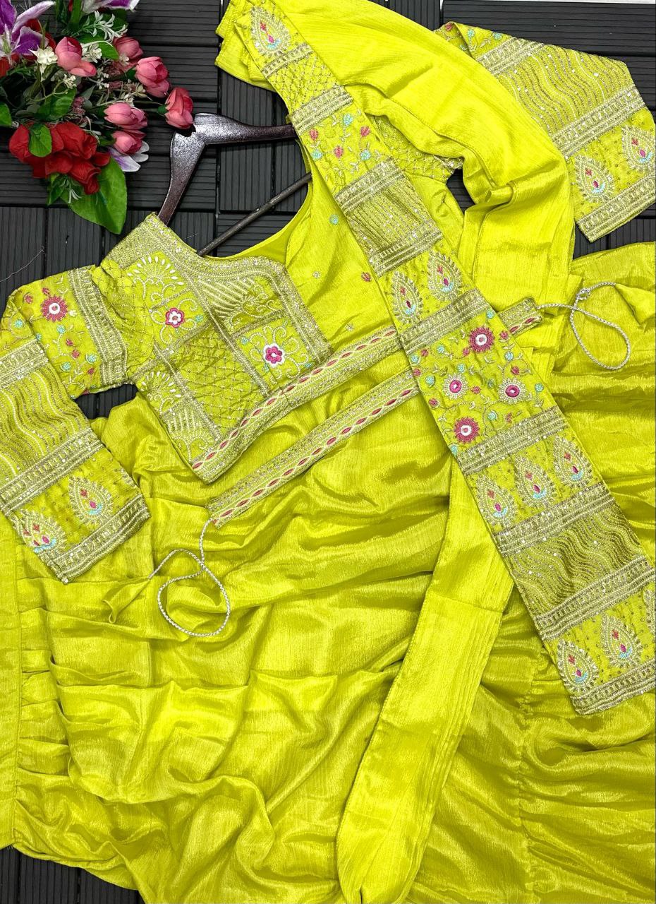 "Exquisite Embroidered Chinon Lehenga Set with Dupatta, Blouse & Embroidery Belt – Fully Stitched"