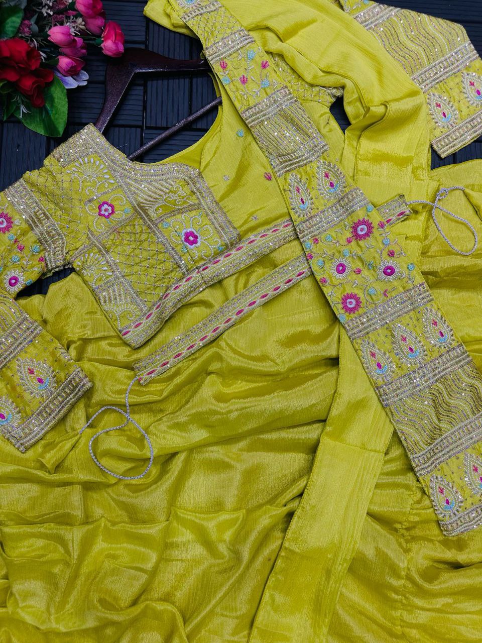 "Exquisite Embroidered Chinon Lehenga Set with Dupatta, Blouse & Embroidery Belt – Fully Stitched"