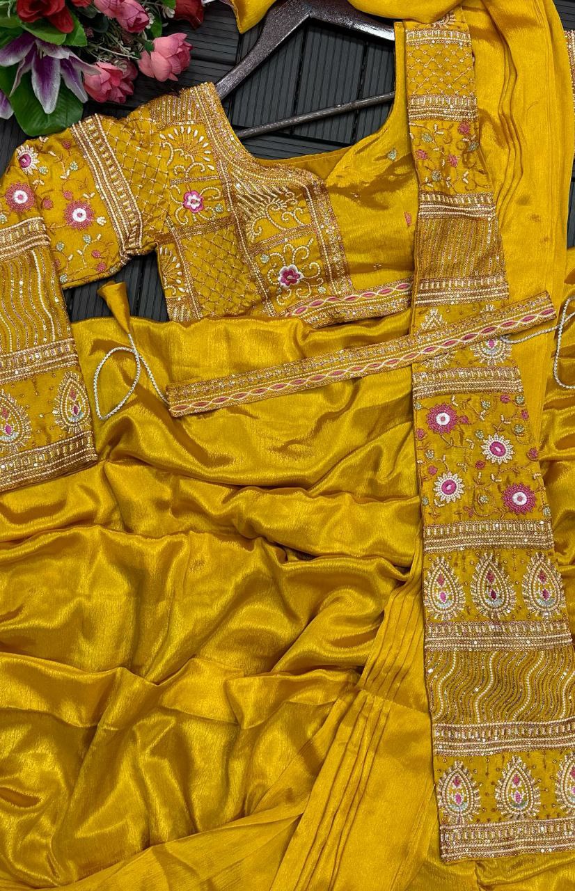 "Exquisite Embroidered Chinon Lehenga Set with Dupatta, Blouse & Embroidery Belt – Fully Stitched"