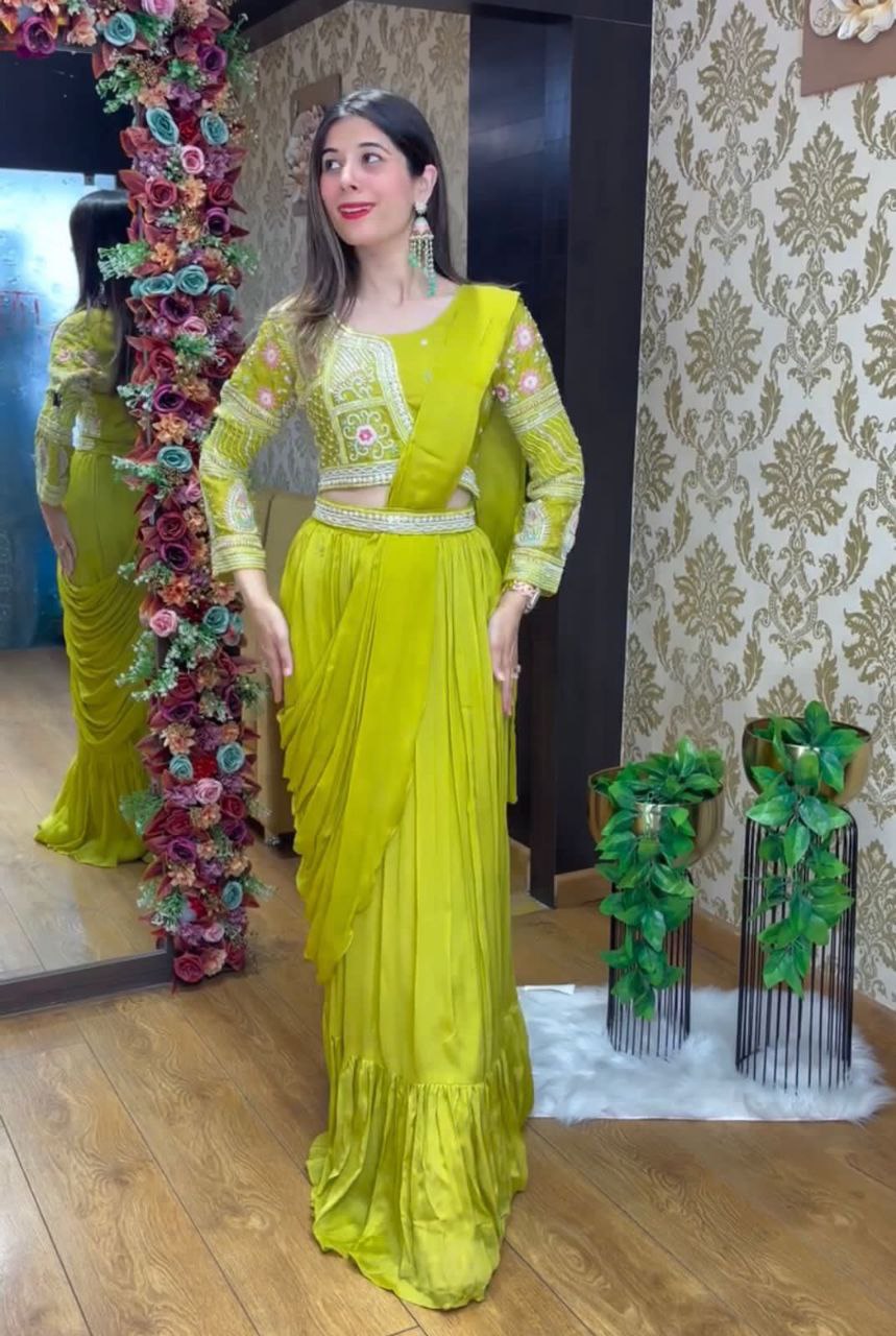 "Exquisite Embroidered Chinon Lehenga Set with Dupatta, Blouse & Embroidery Belt – Fully Stitched"