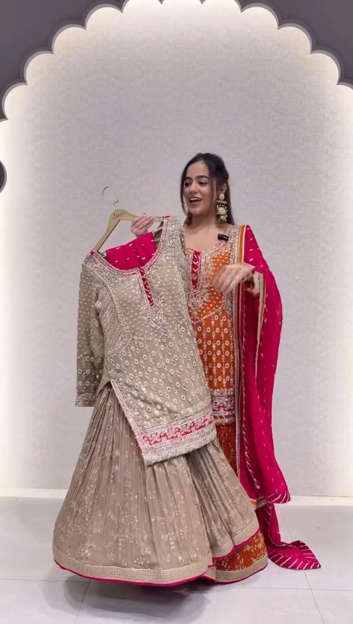 "Faux Georgette Top, Sharara & Dupatta Set – Sequin & Thread Work with Lace Border"