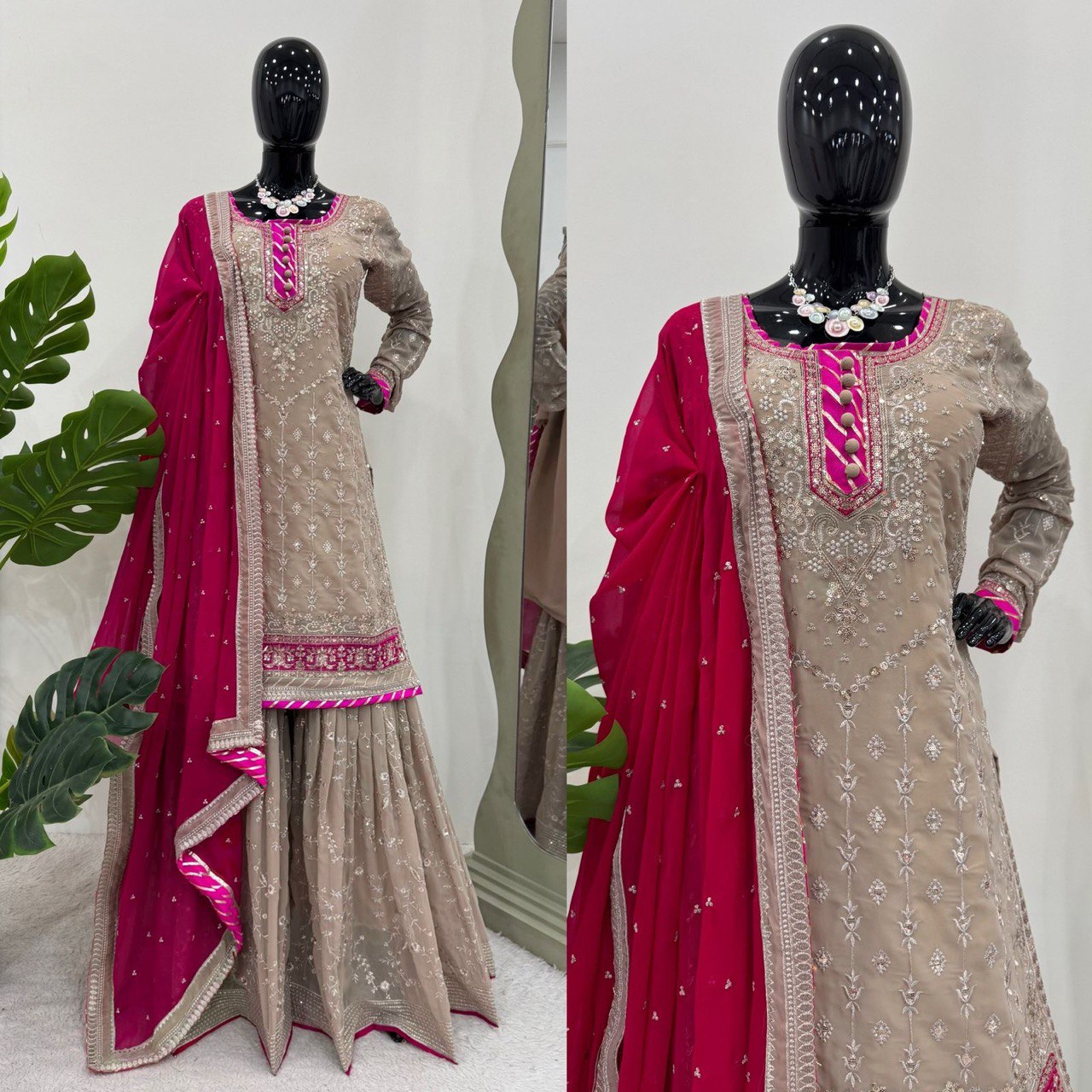 "Faux Georgette Top, Sharara & Dupatta Set – Sequin & Thread Work with Lace Border"