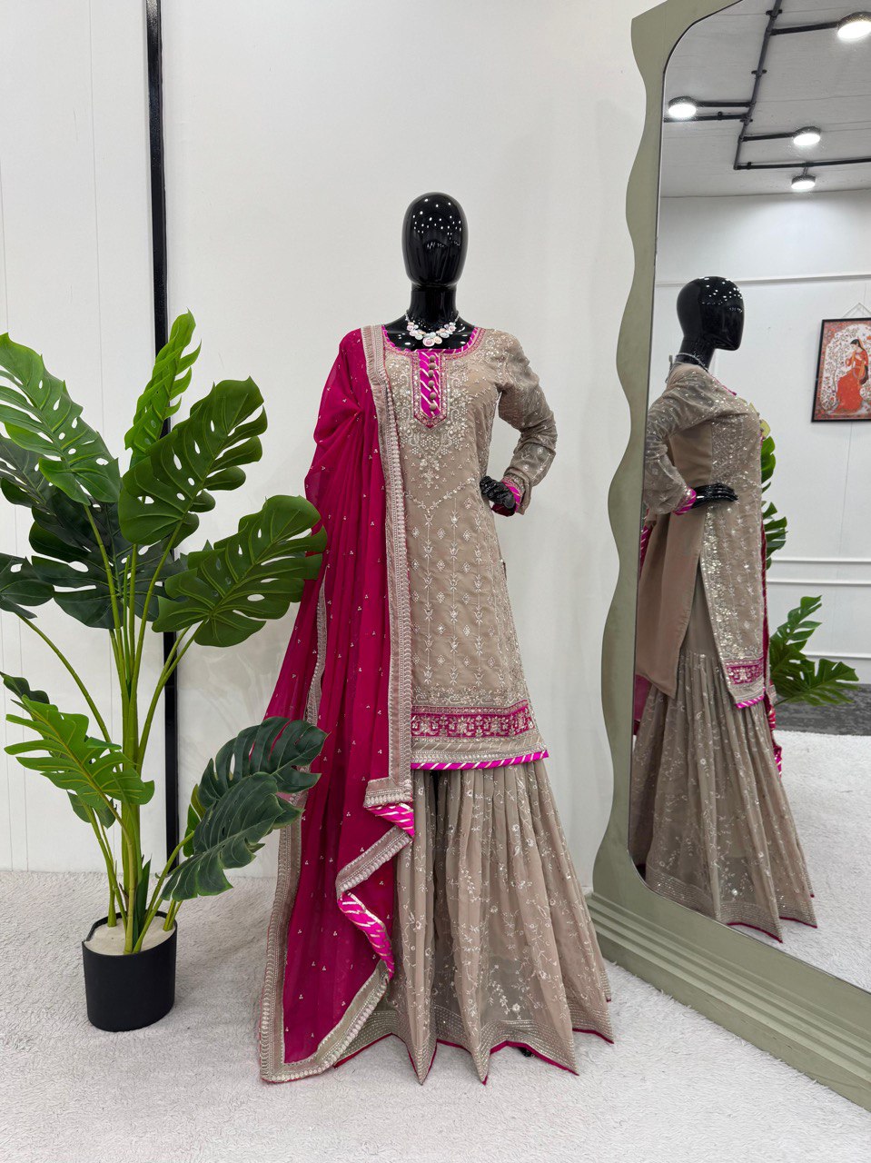 "Faux Georgette Top, Sharara & Dupatta Set – Sequin & Thread Work with Lace Border"