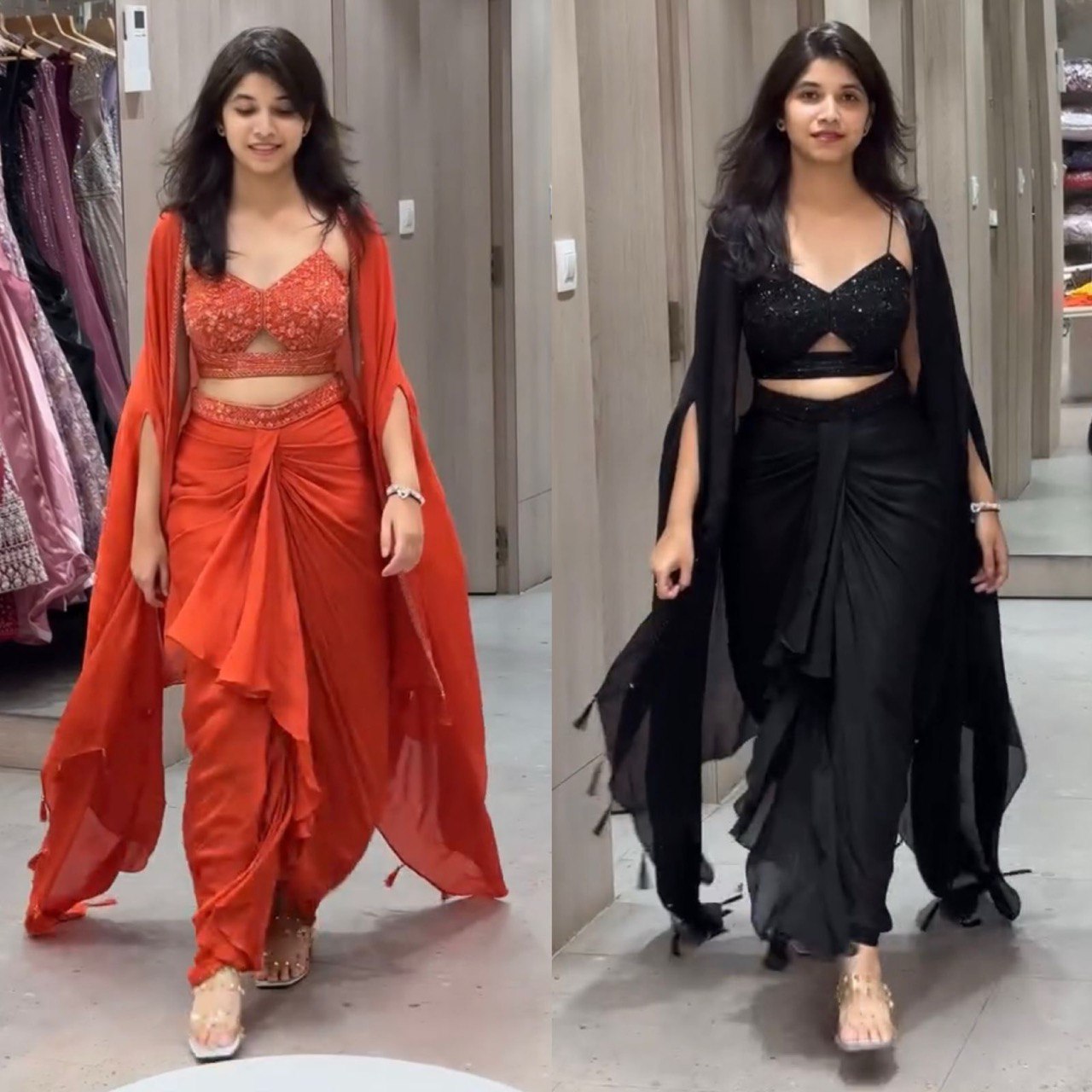 "Elegant Satin Silk Choli with Dhoti & Srug – Thread & Sequin Work, Ready-to-Wear"