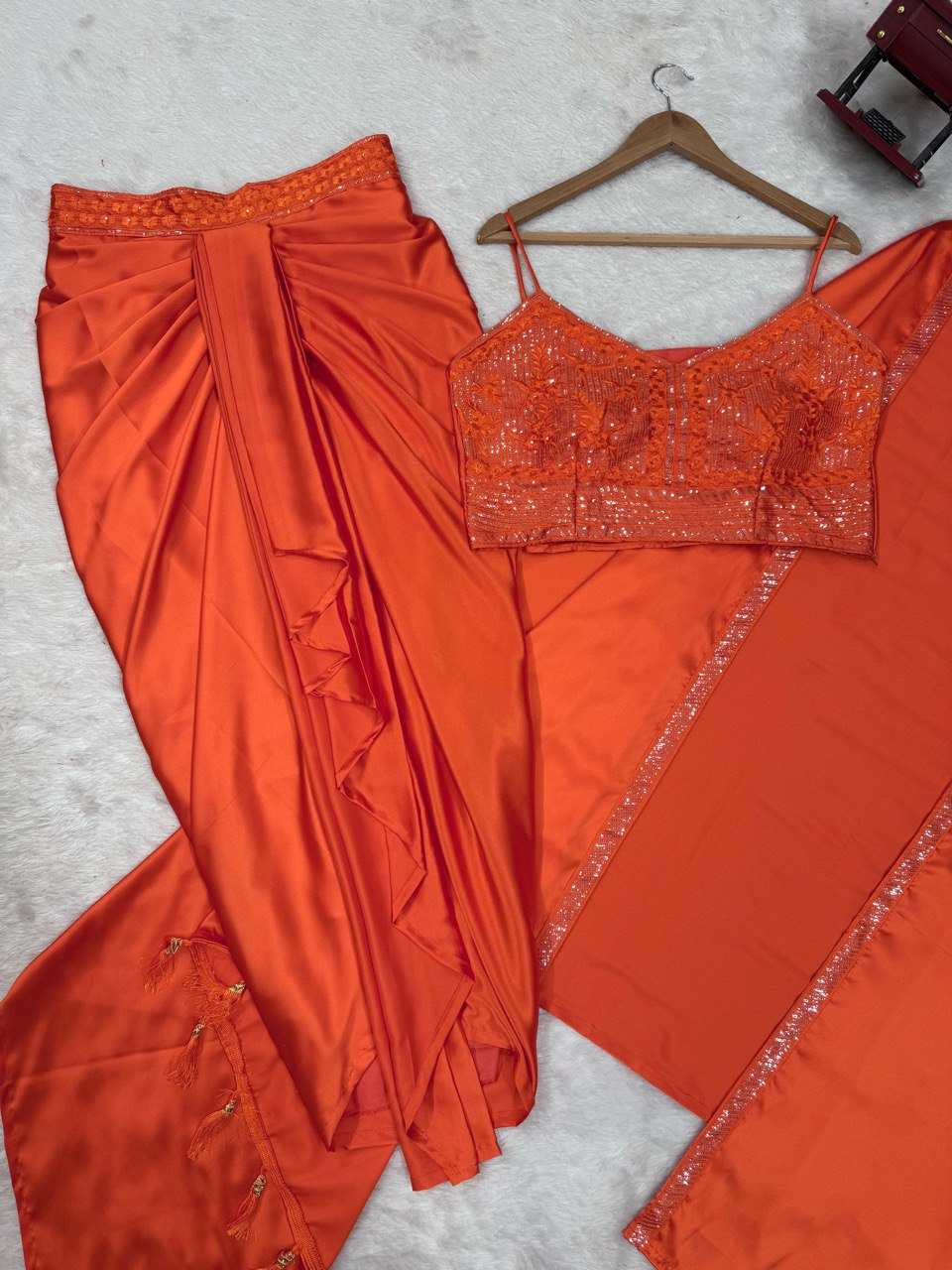 "Elegant Satin Silk Choli with Dhoti & Srug – Thread & Sequin Work, Ready-to-Wear"