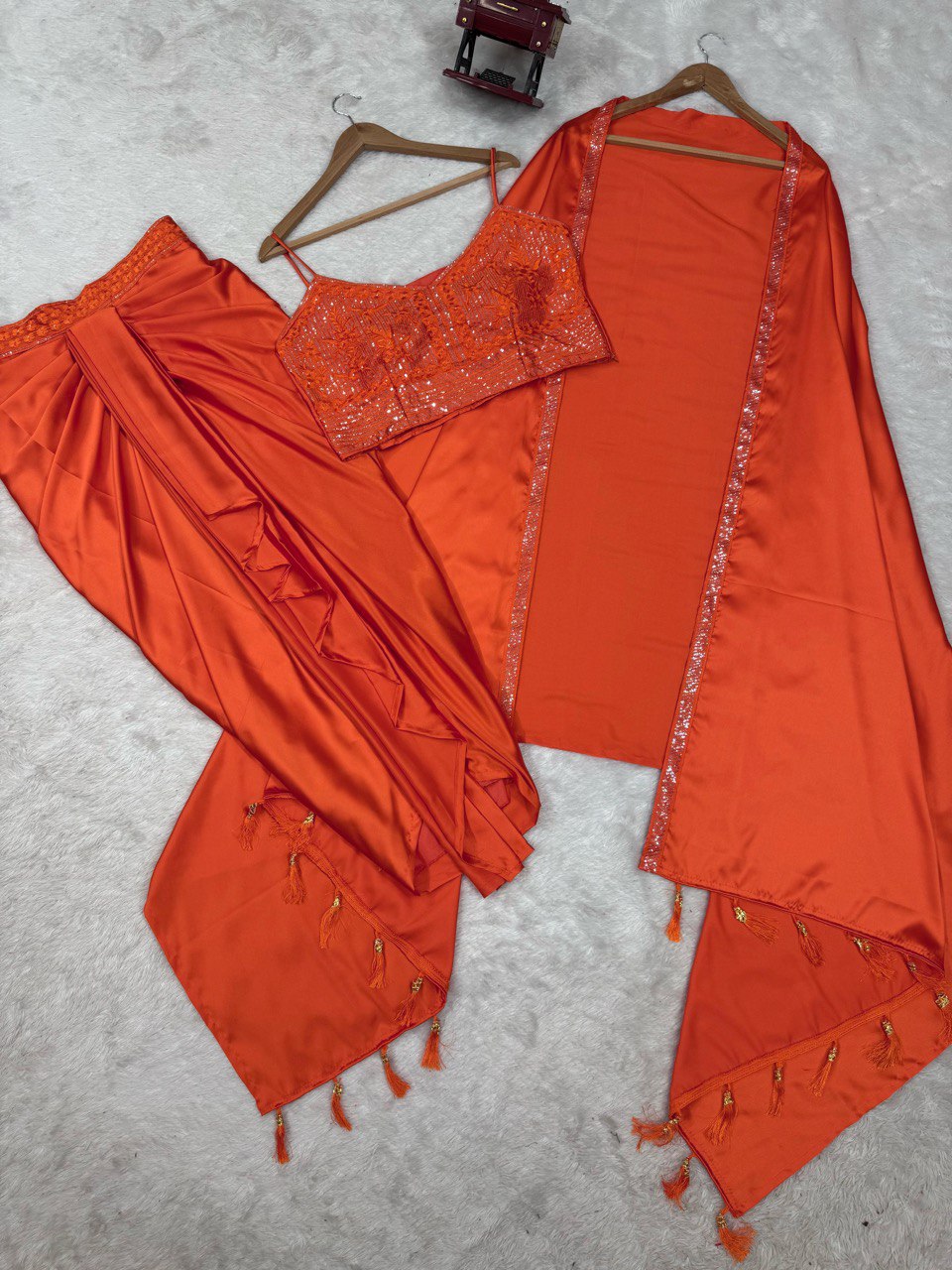 "Elegant Satin Silk Choli with Dhoti & Srug – Thread & Sequin Work, Ready-to-Wear"