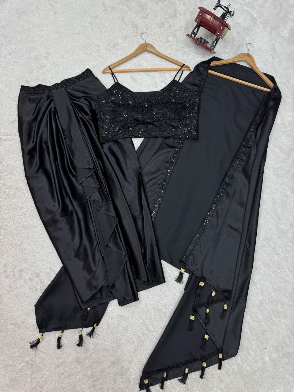 "Elegant Satin Silk Choli with Dhoti & Srug – Thread & Sequin Work, Ready-to-Wear"