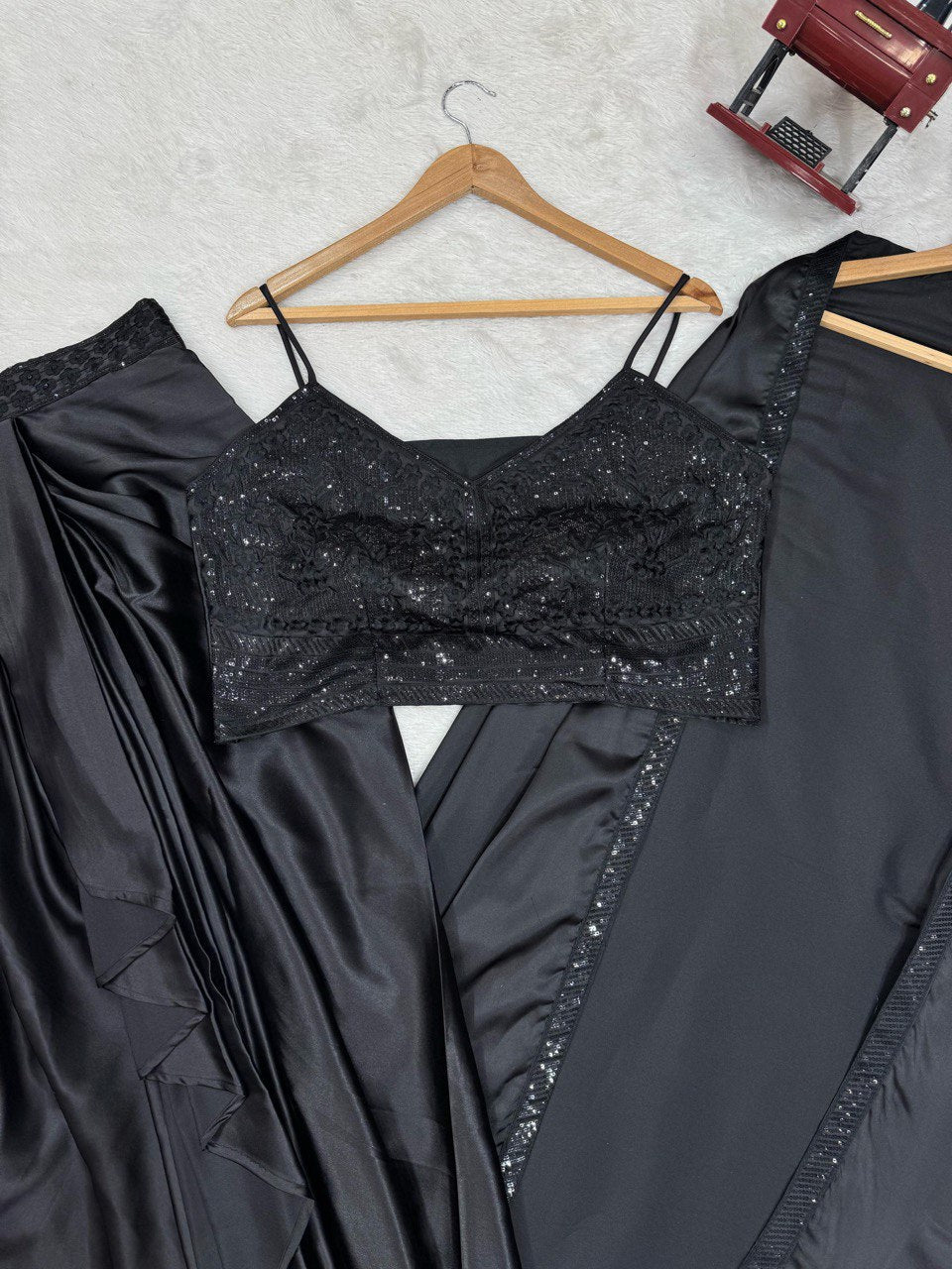 "Elegant Satin Silk Choli with Dhoti & Srug – Thread & Sequin Work, Ready-to-Wear"