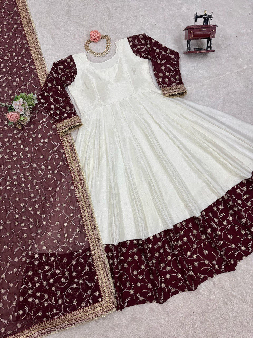 "Elegant Chinon Silk Top with Faux Georgette Dupatta – Thread & Sequin Work with Lace Border"