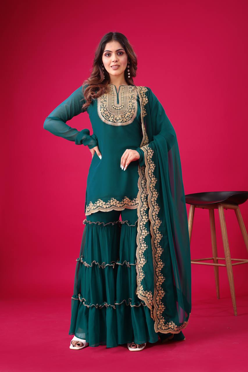 "Elegant Blooming Faux Georgette Set with Heavy Embroidery & Sequence Work"