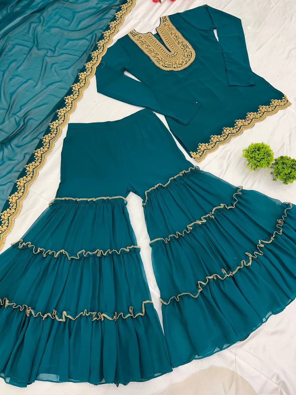 "Elegant Blooming Faux Georgette Set with Heavy Embroidery & Sequence Work"