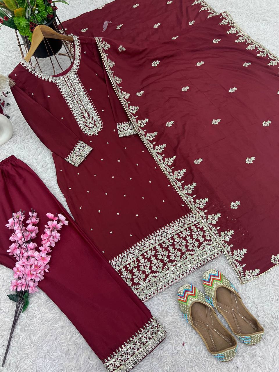 "Chinnon Silk Embroidered Top, Pant, and Dupatta Set with Heavy Sequence Work"