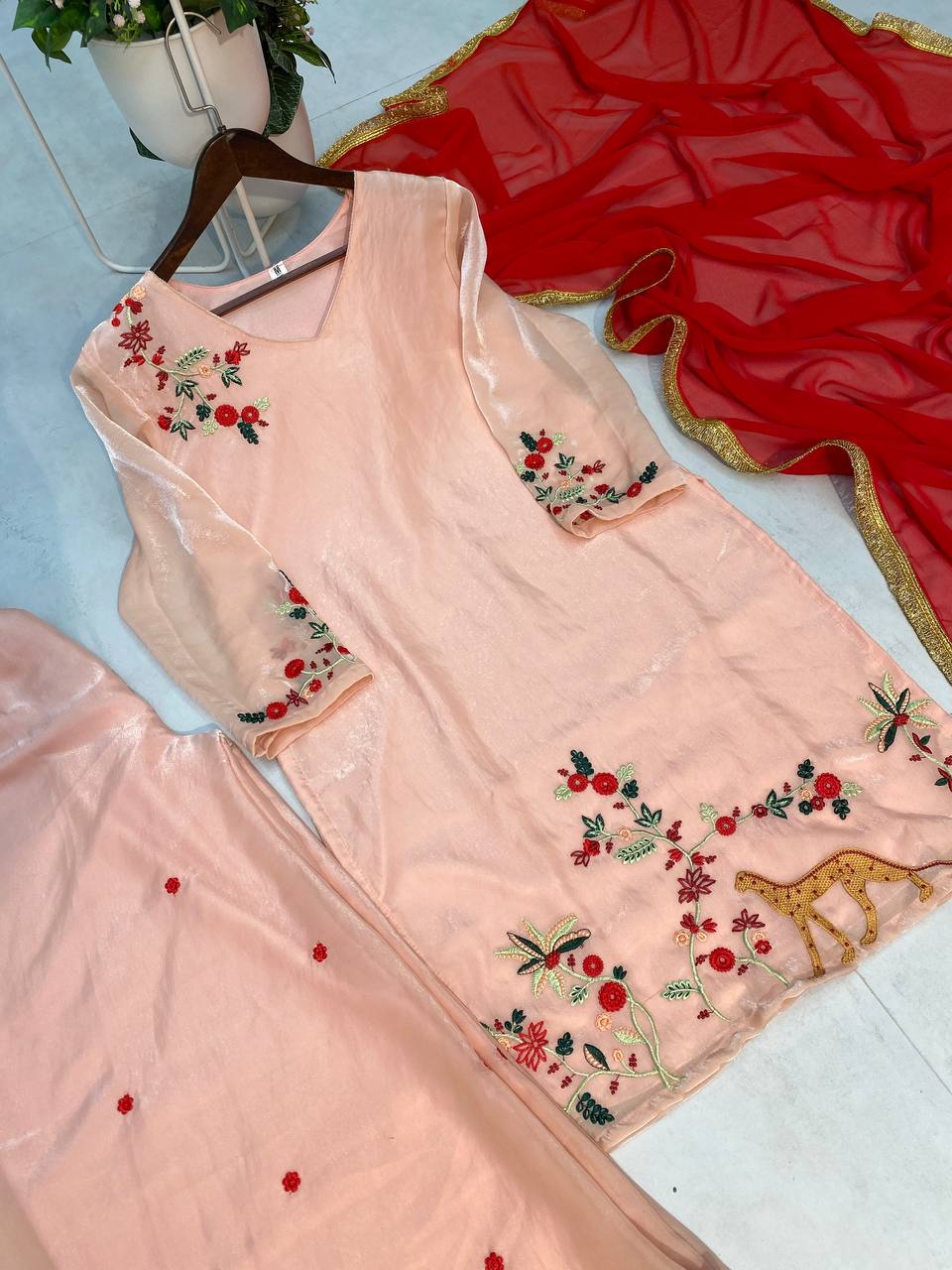 "Elegant Fendi Embroidered Set with Georgette Dupatta and Circular Plazo"