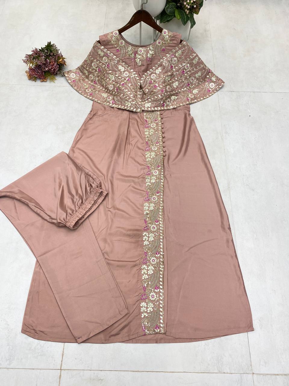 "Elegant Crepe Silk Fancy Top & Pant Set with Cording Sequence Embroidery and Foil Paper Work"