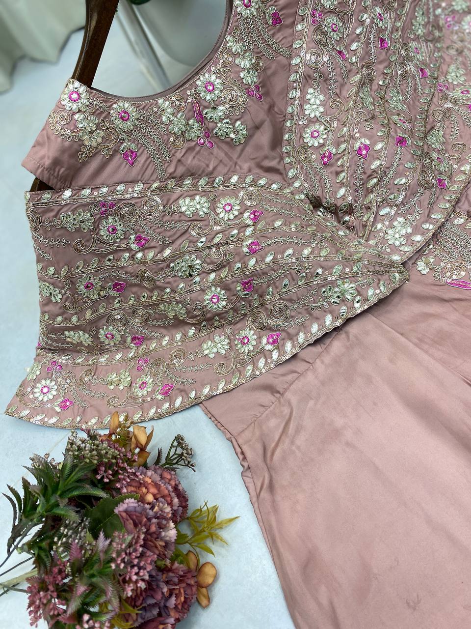 "Elegant Crepe Silk Fancy Top & Pant Set with Cording Sequence Embroidery and Foil Paper Work"