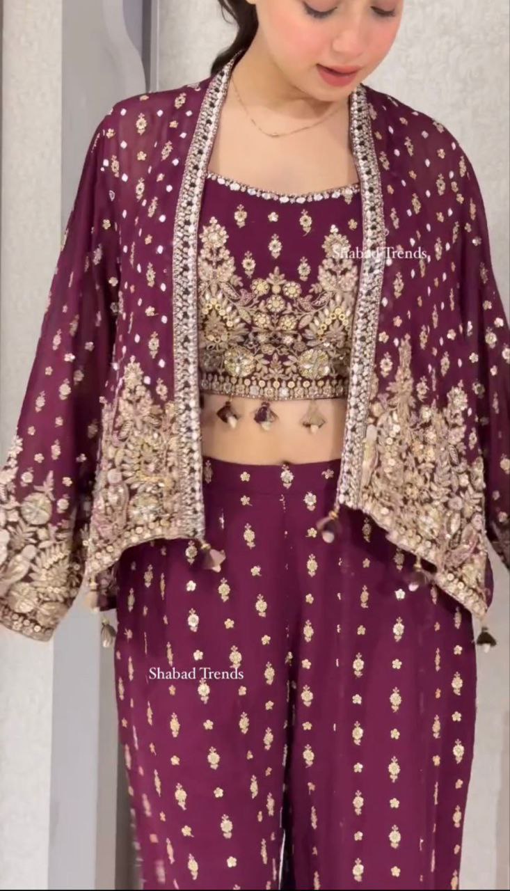 "Elegant Georgette Palazzo Set with Embroidery Sequence Work and Fancy Koti"