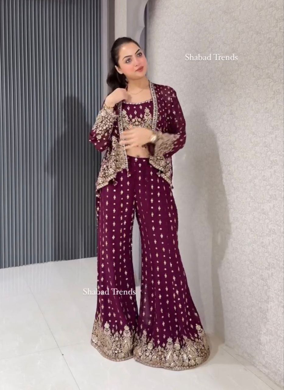 "Elegant Georgette Palazzo Set with Embroidery Sequence Work and Fancy Koti"