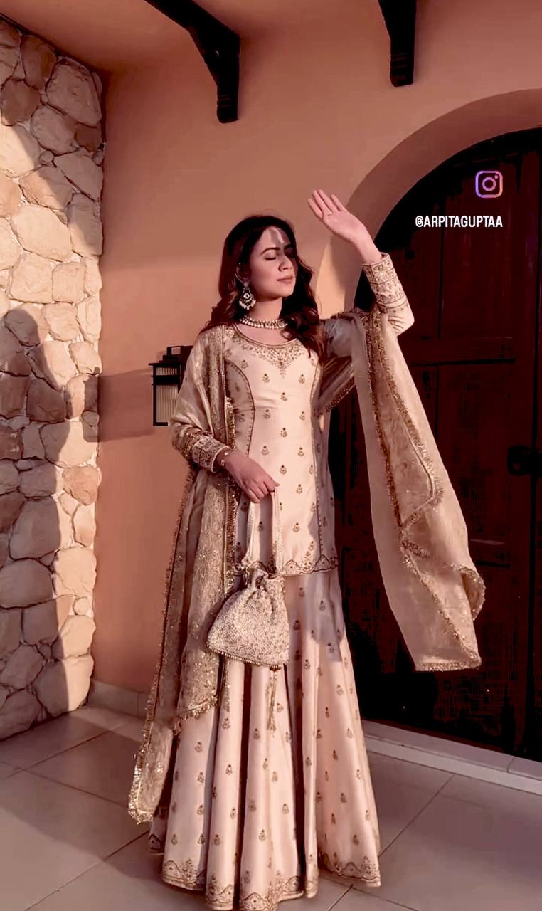 Elegant Pure Cinon Silk Top, Sarara & Dupatta Set with Embroidery Work