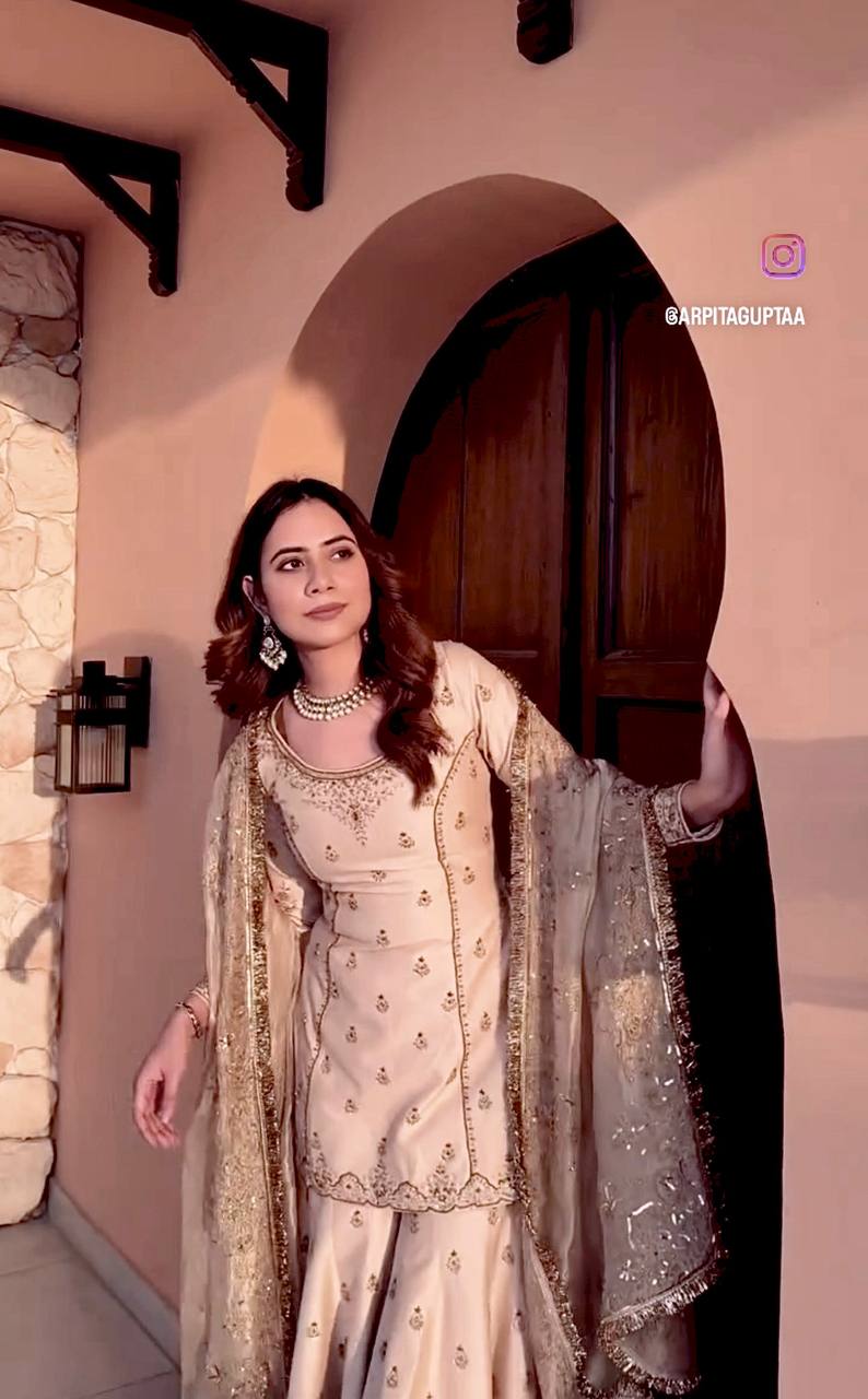 Elegant Pure Cinon Silk Top, Sarara & Dupatta Set with Embroidery Work