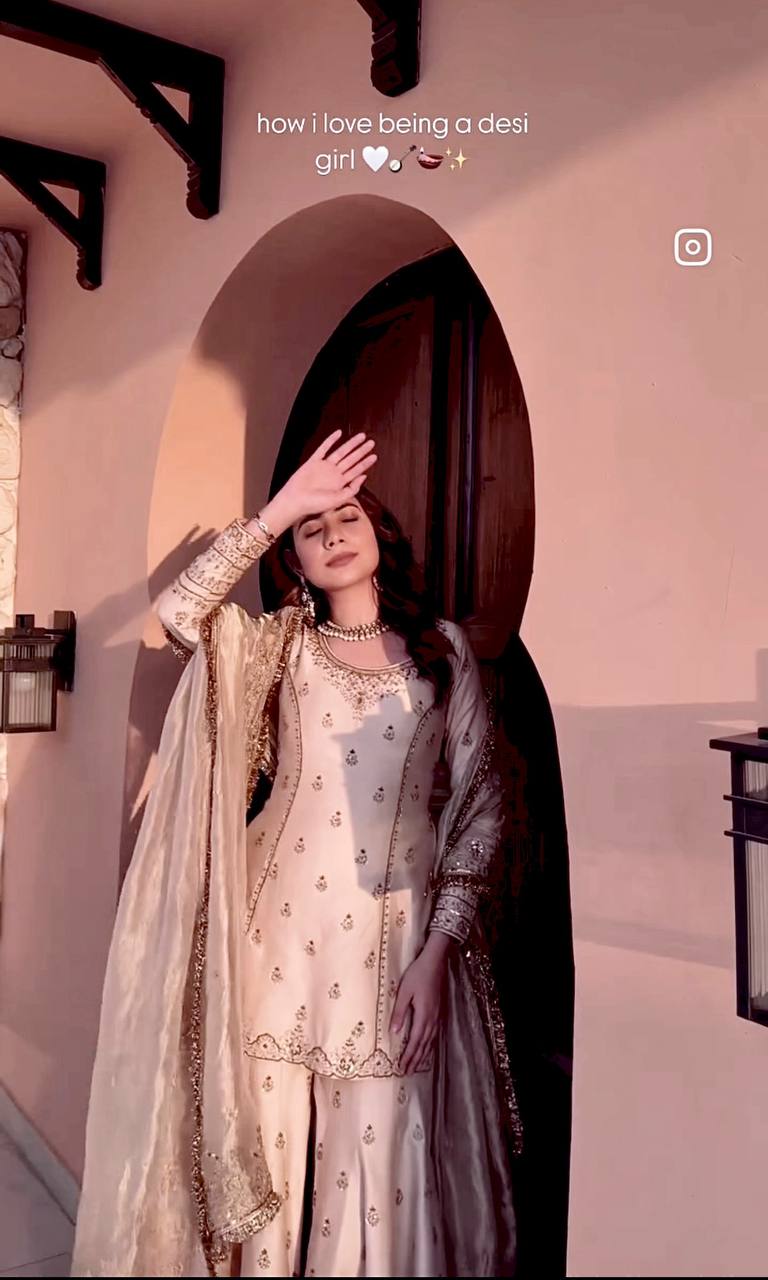 Elegant Pure Cinon Silk Top, Sarara & Dupatta Set with Embroidery Work