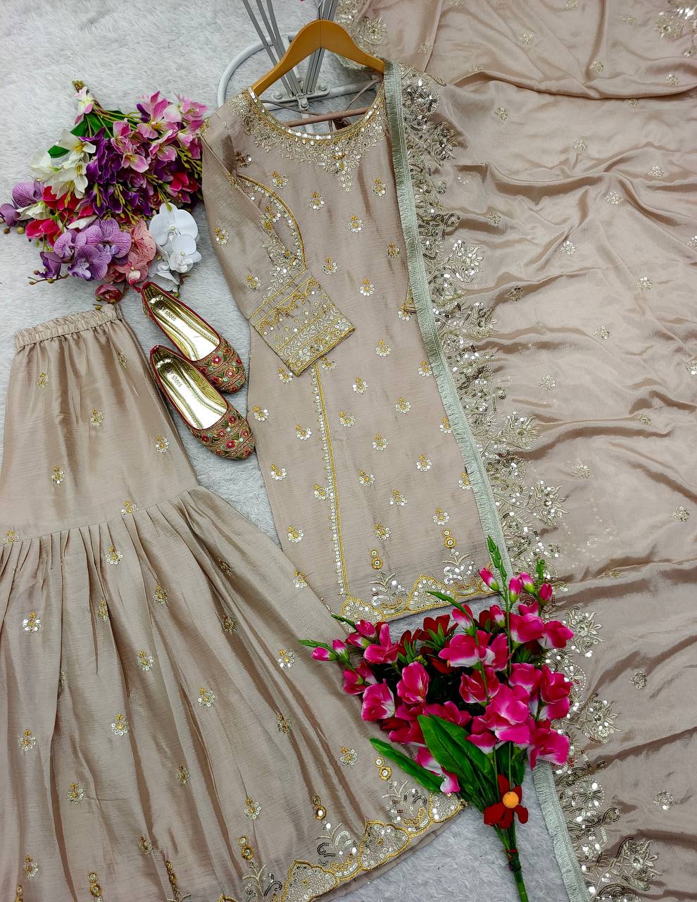 Elegant Pure Cinon Silk Top, Sarara & Dupatta Set with Embroidery Work