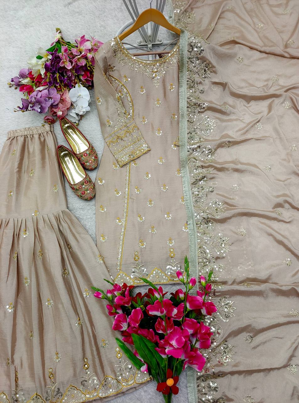 Elegant Pure Cinon Silk Top, Sarara & Dupatta Set with Embroidery Work