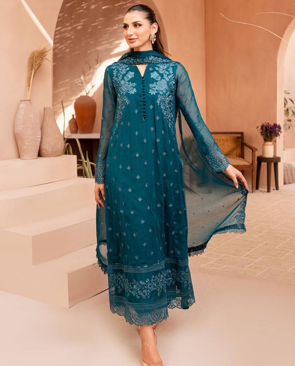 "Embroidered Georgette Top, Pant, and Dupatta Set with Elegant Detailing"