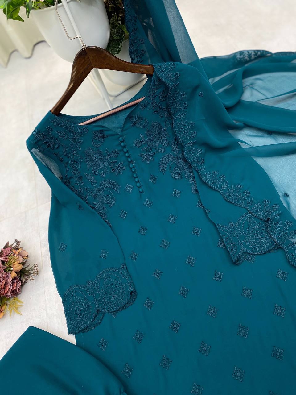 "Embroidered Georgette Top, Pant, and Dupatta Set with Elegant Detailing"