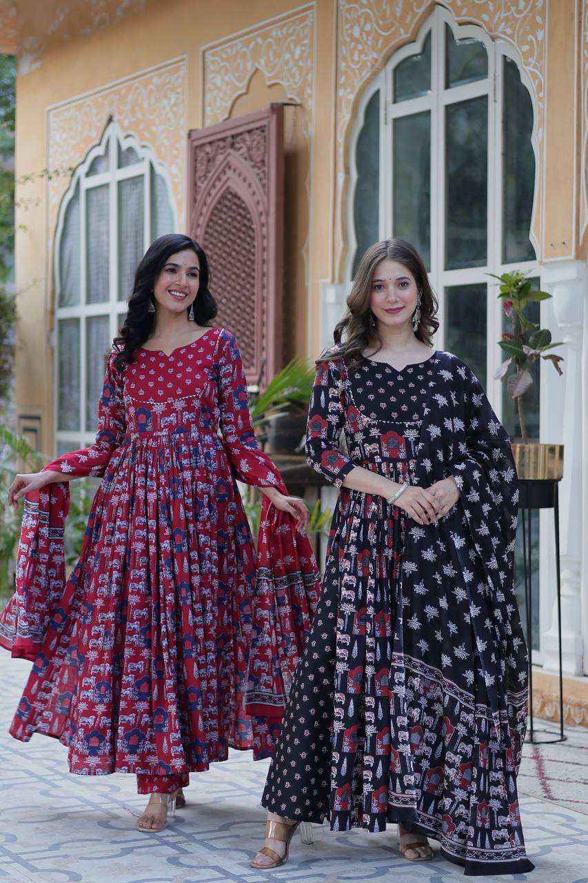 "Pure Cotton Ethnic Wear Set with Fancy Round Neck, Adjustable Waist & Matching Dupatta"