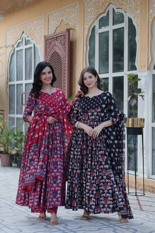 "Pure Cotton Ethnic Wear Set with Fancy Round Neck, Adjustable Waist & Matching Dupatta"