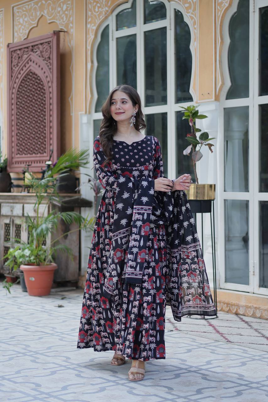 "Pure Cotton Ethnic Wear Set with Fancy Round Neck, Adjustable Waist & Matching Dupatta"