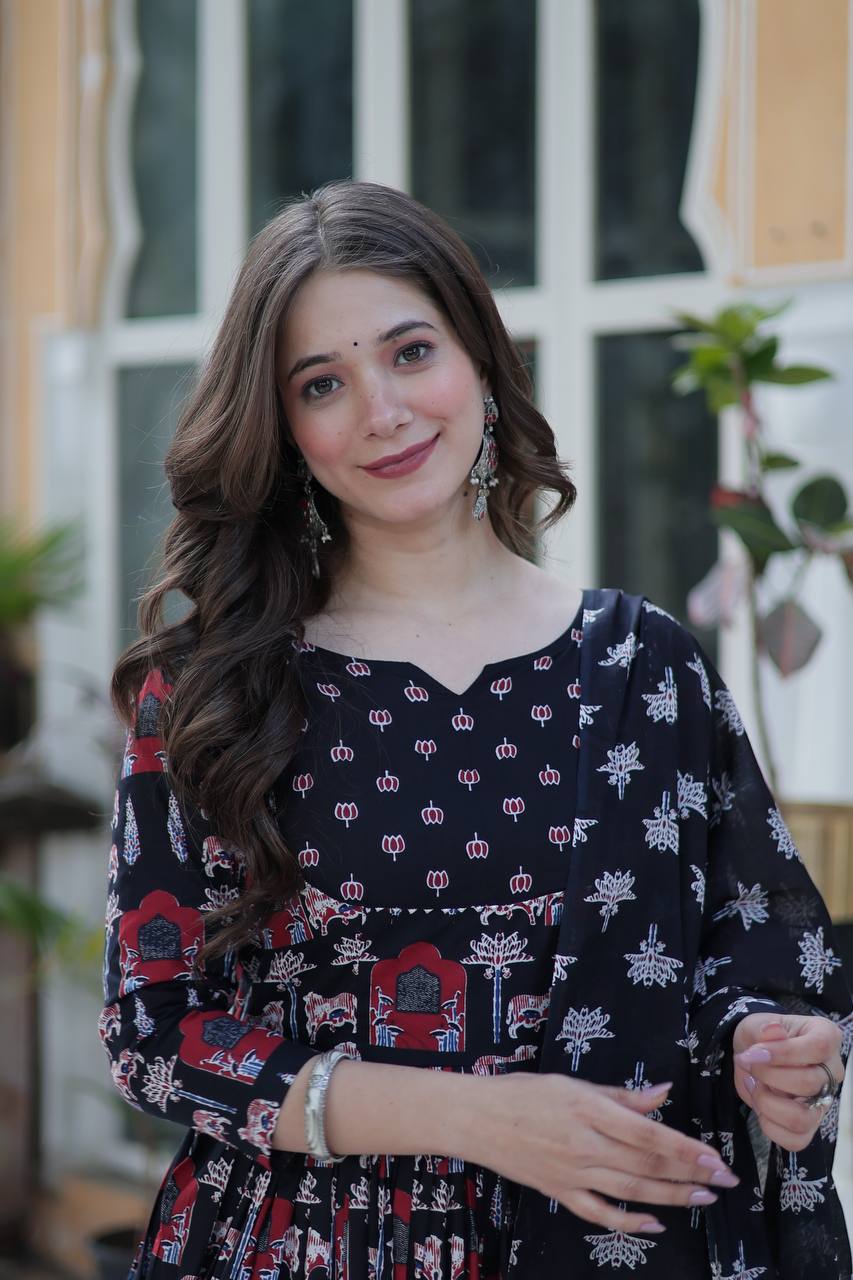 "Pure Cotton Ethnic Wear Set with Fancy Round Neck, Adjustable Waist & Matching Dupatta"