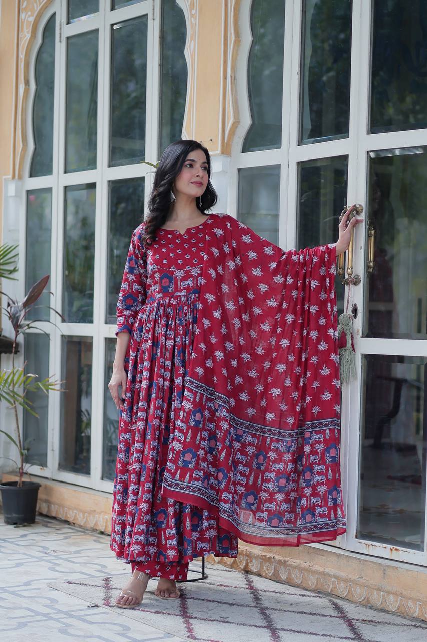 "Pure Cotton Ethnic Wear Set with Fancy Round Neck, Adjustable Waist & Matching Dupatta"