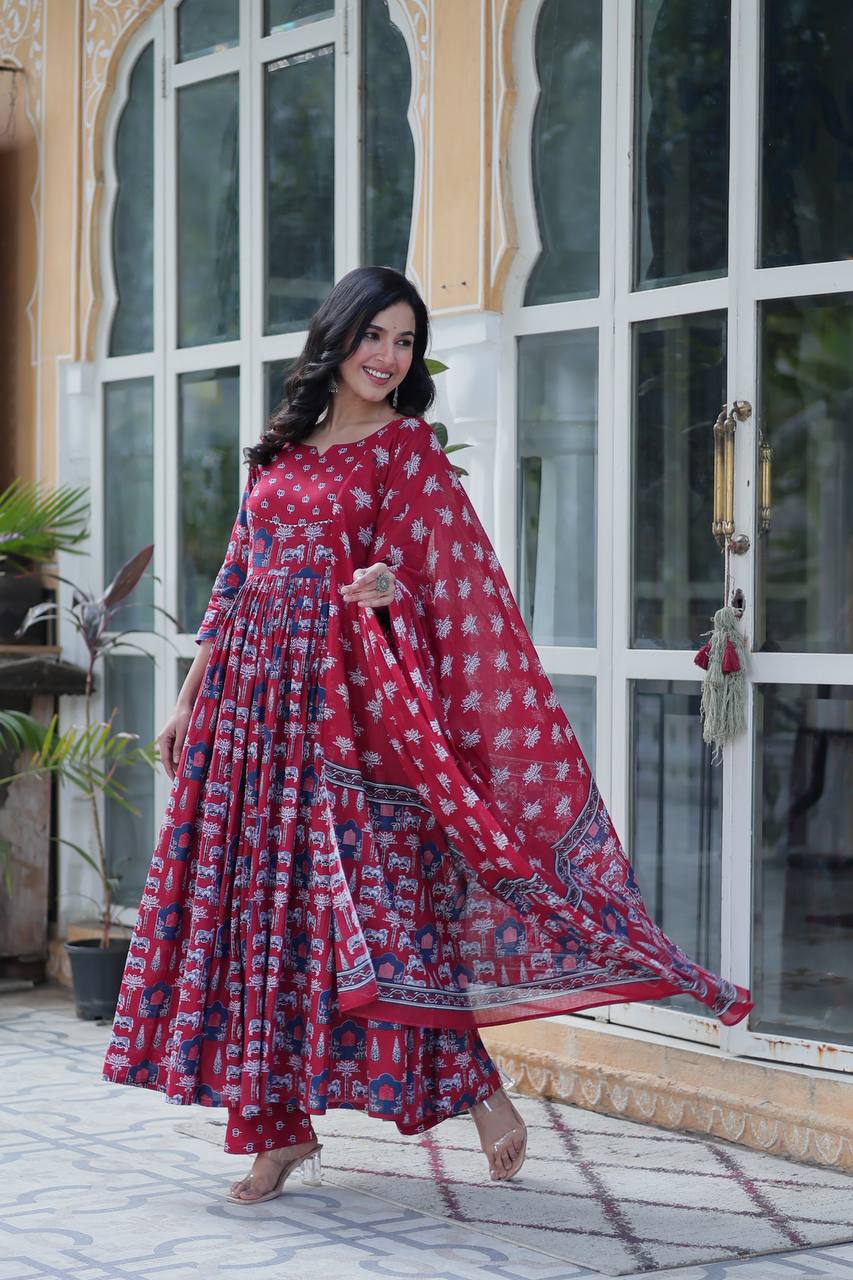 "Pure Cotton Ethnic Wear Set with Fancy Round Neck, Adjustable Waist & Matching Dupatta"