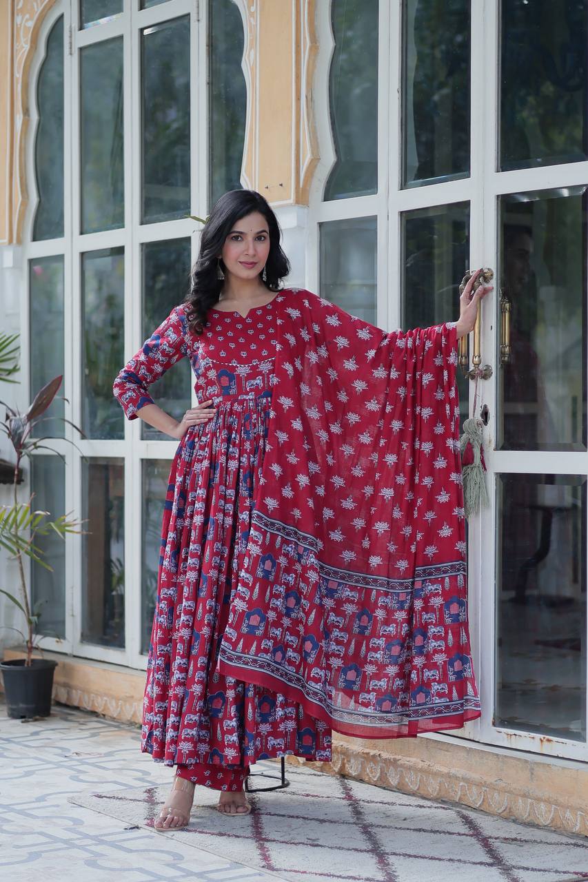 "Pure Cotton Ethnic Wear Set with Fancy Round Neck, Adjustable Waist & Matching Dupatta"