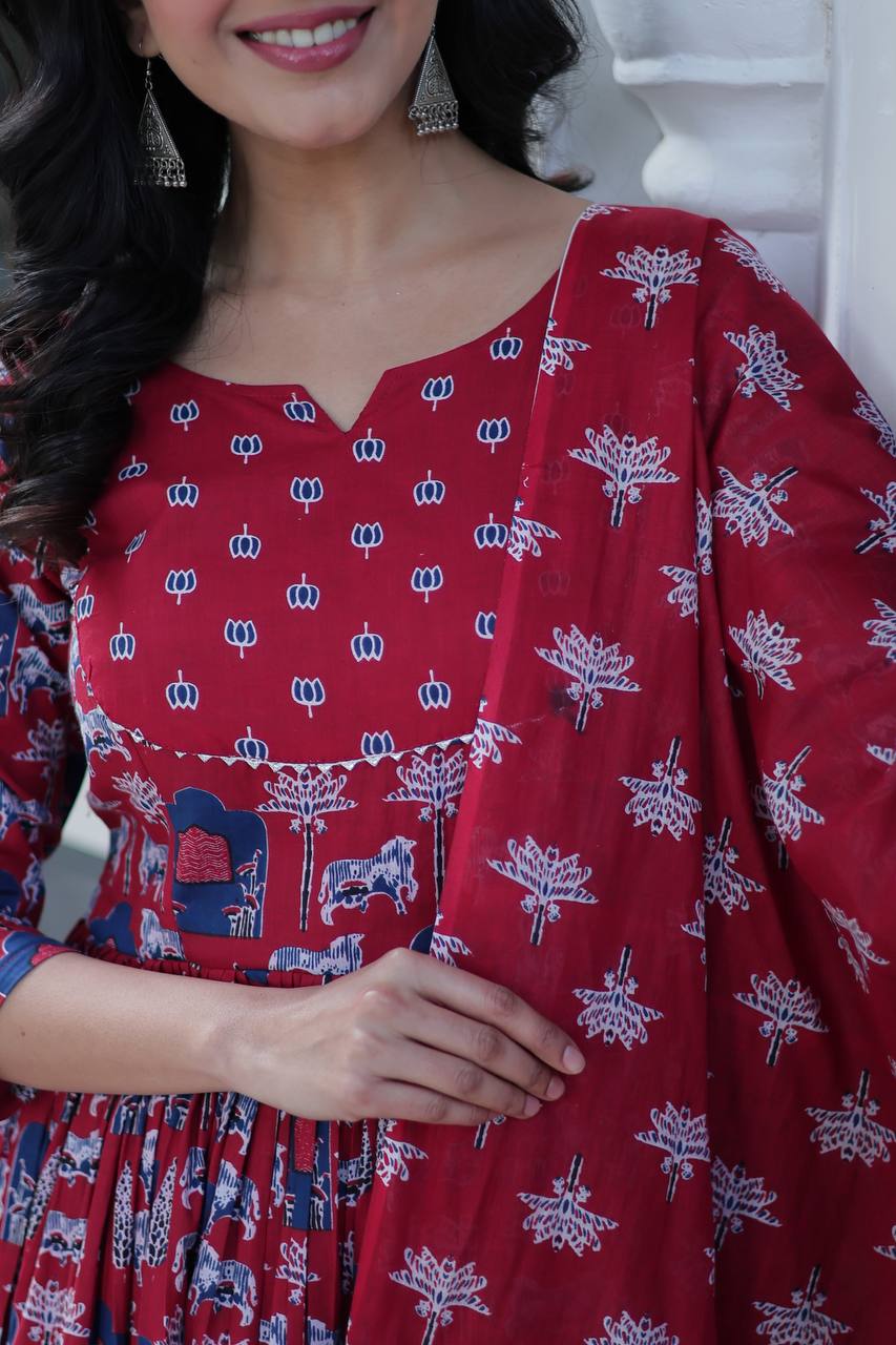 "Pure Cotton Ethnic Wear Set with Fancy Round Neck, Adjustable Waist & Matching Dupatta"