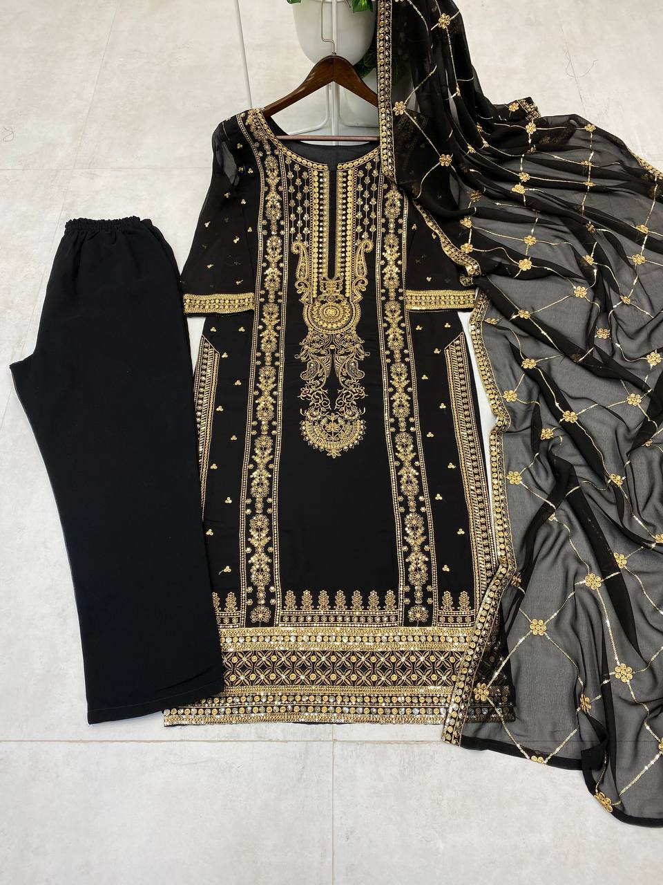 "Elegant Faux Georgette Embroidered Set with Sequence Work – Top, Pant & Dupatta"