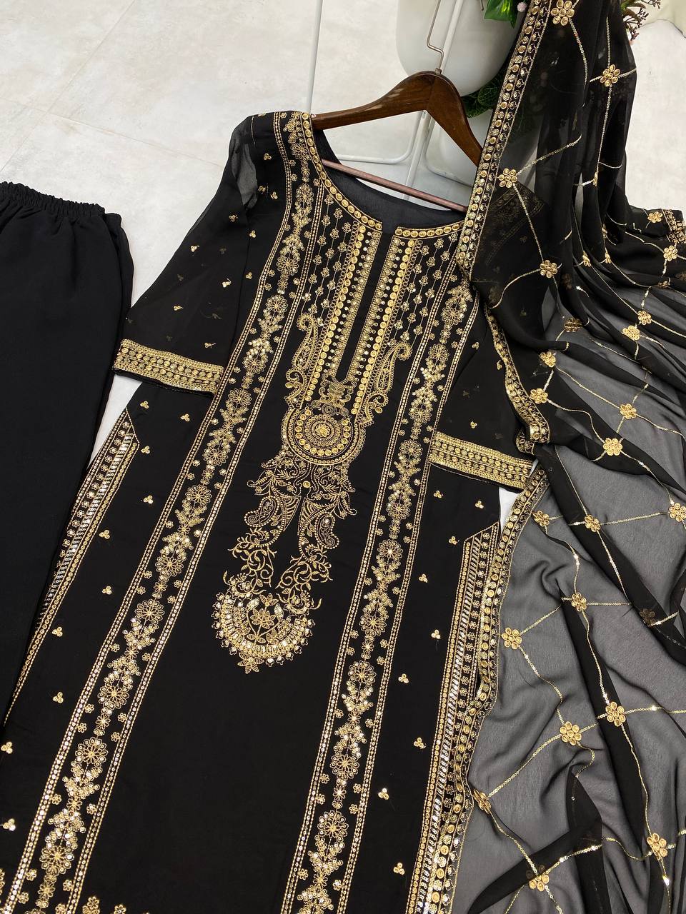 "Elegant Faux Georgette Embroidered Set with Sequence Work – Top, Pant & Dupatta"