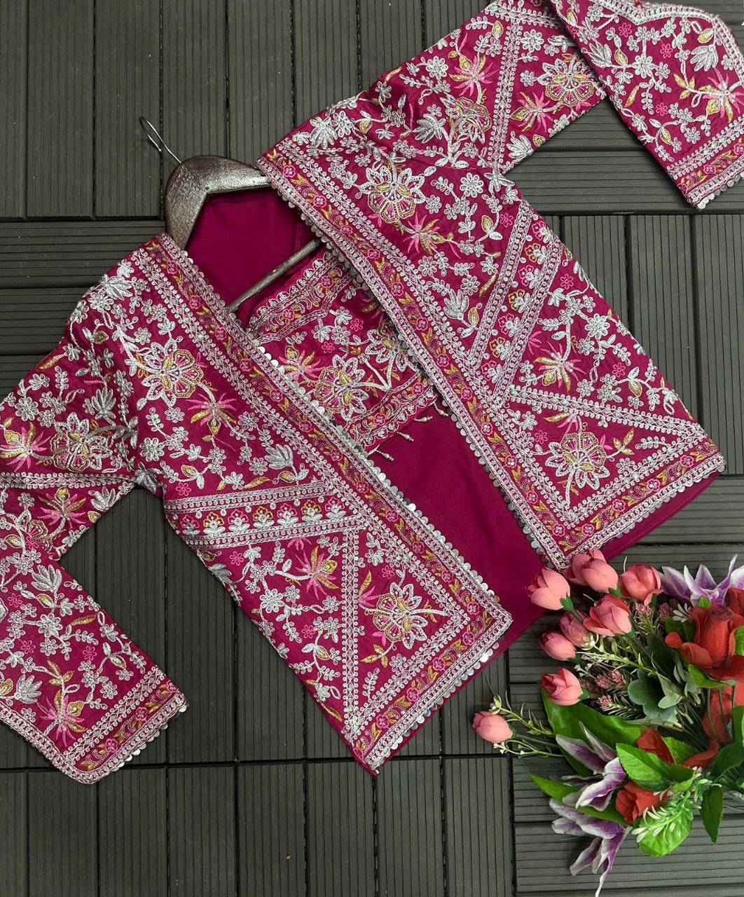 "Elegant Embroidered Chinon Saree with Banglori Jacket & Blouse"