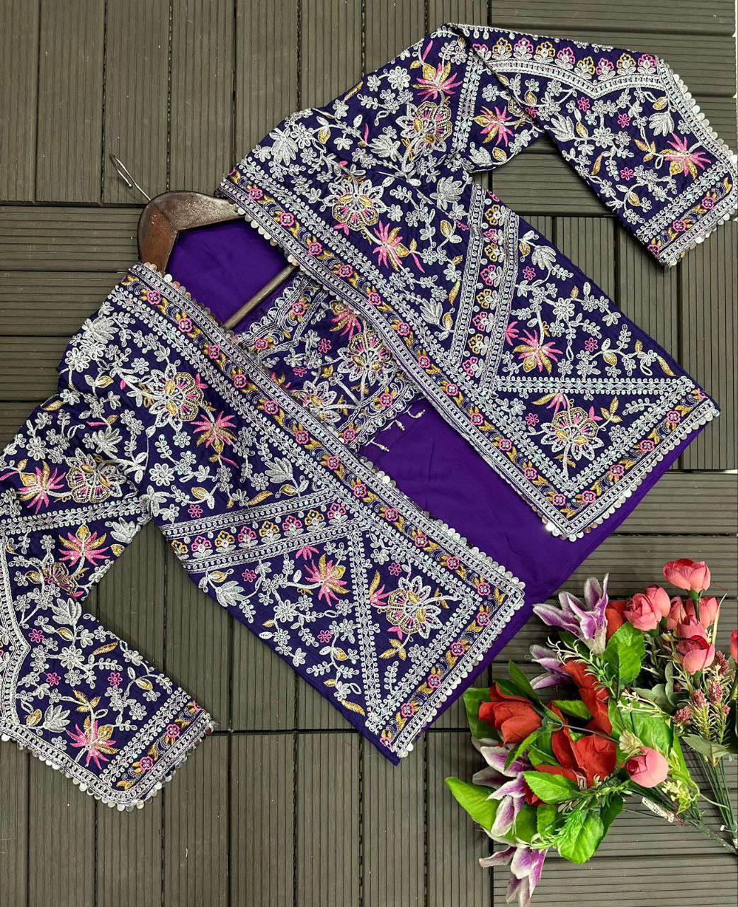 "Elegant Embroidered Chinon Saree with Banglori Jacket & Blouse"